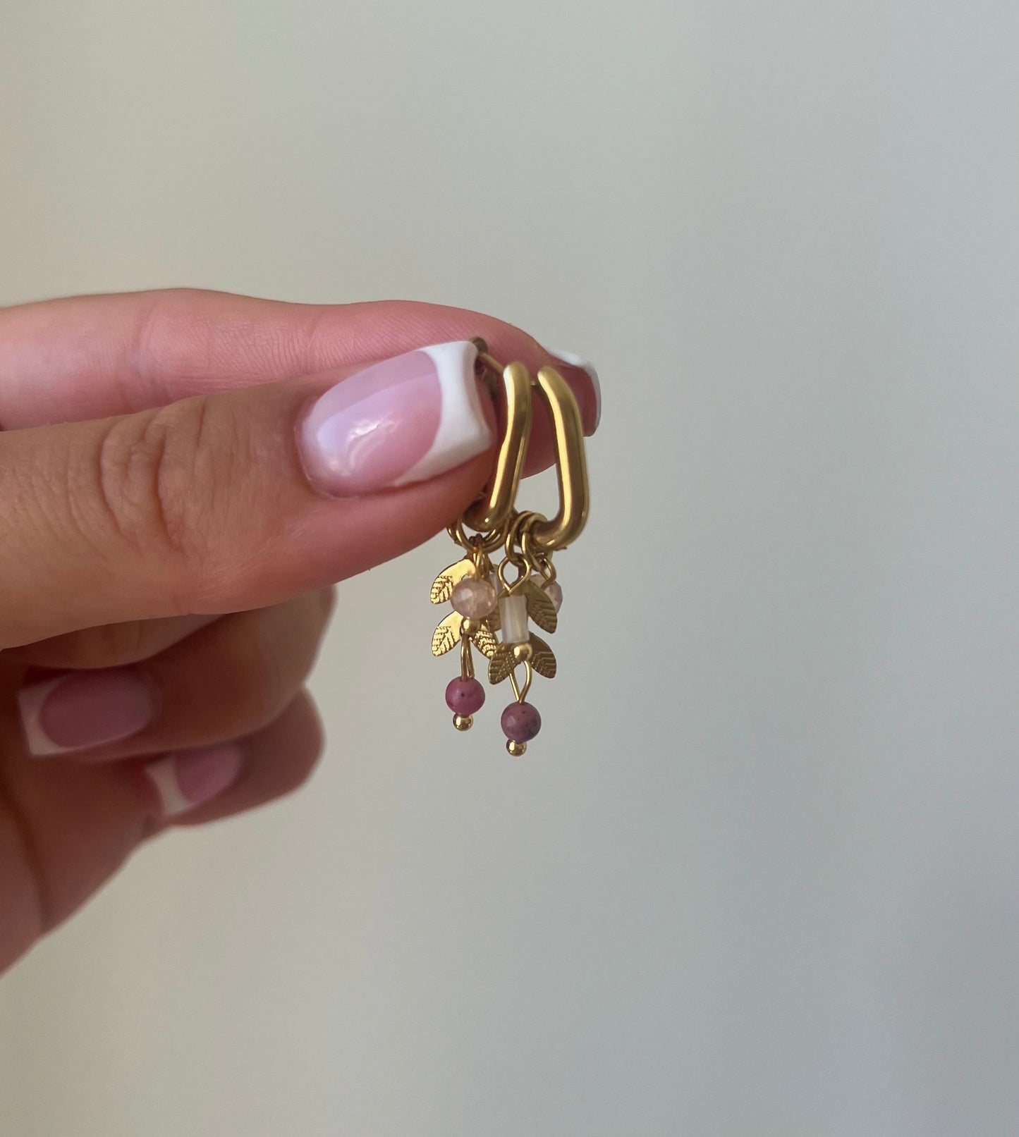 'Charm' Leaf and Bead Detail Oval Hoops - Gold + Pink