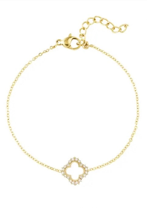 'Destiny' Rhinestone Detail Clover Bracelet - Gold