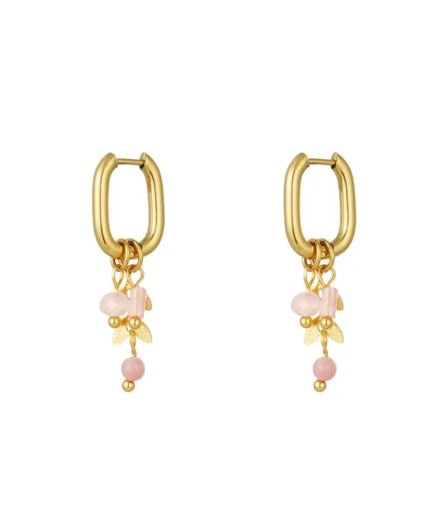 'Charm' Leaf and Bead Detail Oval Hoops - Gold + Pink