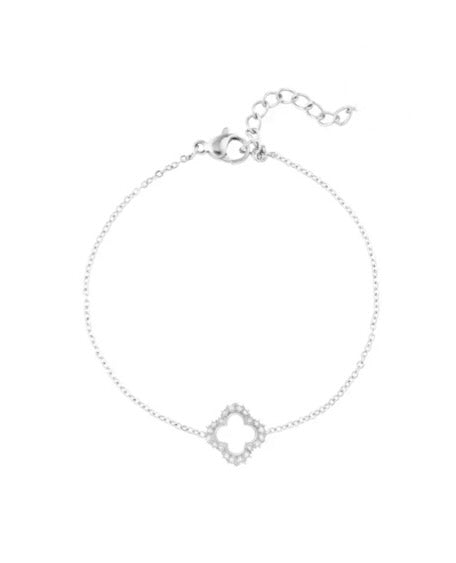 'Destiny' Rhinestone Detail Clover Bracelet - Silver